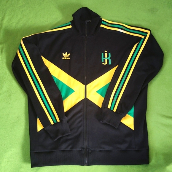 Adidas Jacket Kingston Jamaica Black W/Gold Green Stripes Large Size AZB001 - Picture 1 of 10